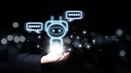 Chat with AI, Artificial Intelligence. man using technology smart robot AI, artificial intelligence by enter command prompt for generates something, Futuristic technology transformation.