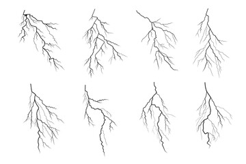 Black lightning silhouettes. Thunderstorm isolated on white. Vector illustration EPS10