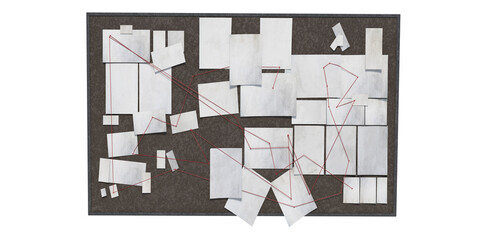detecftive board with blank paper linked by red thread 3d render