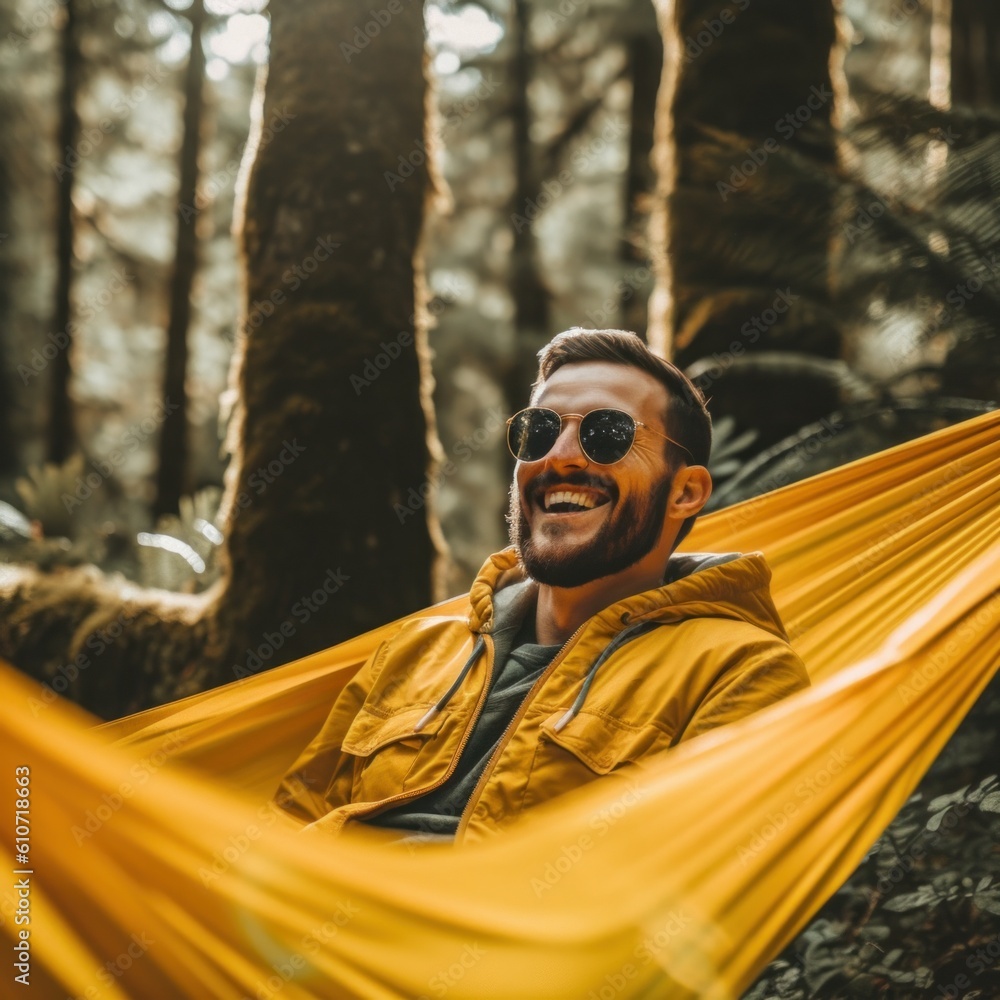 Poster a man sitting in a hammock in the woods. generative ai image.