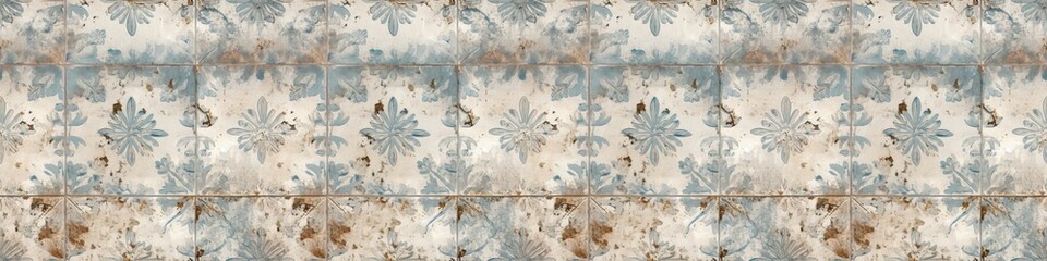 Old gray rusty vintage worn shabby patchwork motif tiles stone concrete cement wall texture background banner, with floral flower laeves print, seamless pattern Generative AI