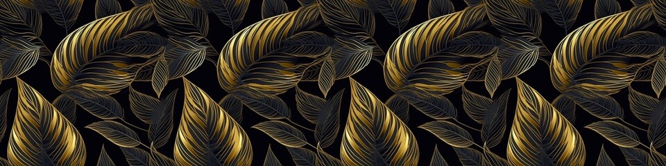 Abstract luxury elegant floral organic texture wallpaper banner illustration - Gold line art leaves on dark background, seamless pattern Generative AI