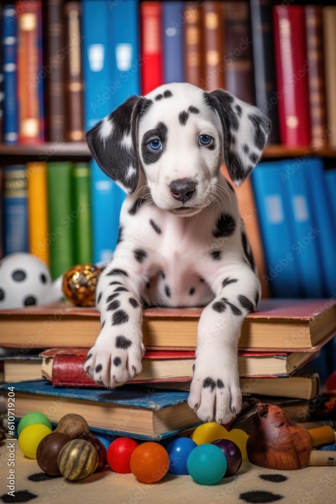 Poster a dalmatian puppy sitting on top of a pile of books. generative ai image.