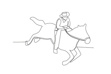 A cowboy riding a fast-running horse. Cowboy one-line drawing
