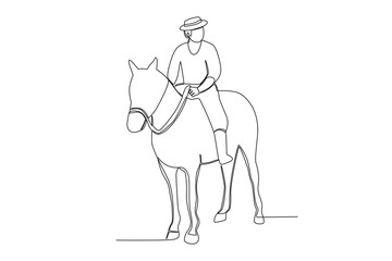 Fototapeta na wymiar Front view of cowboy riding horse. Cowboy one-line drawing