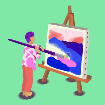 Little guy painting his canva - Graphic geometric digital illustration - Imaginary