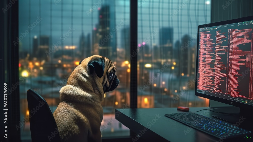 Aufkleber a dog sitting in front of a computer monitor. generative ai image.