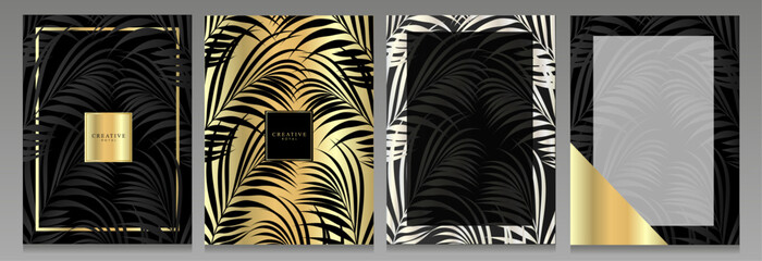 Luxury exotic cover set. Golden palm leaves, metallic effect on black, white and gold background. Collection of tropical backgrounds, elegant brochures, invitations, menu.