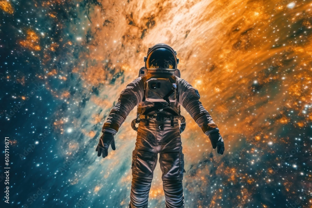 Poster a man in a space suit standing in front of a galaxy. generative ai image.