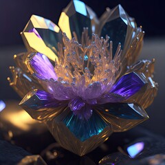 Rare beautiful crystal, light refraction, intricate play of refracting colors, atmospheric lighting, shinny geode, gemstonea portrait of a flower. Generative AI.