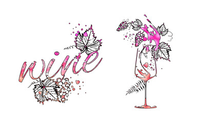 Wine Designs. Collection of wine glasses and bottles. Hand drawn elements for invitation cards, advertising banners and menus. Wine glasses with splashing wine. Sketch vector illustration.