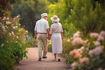 An elderly couple holding hands and strolling along a beautiful garden path, elderly happy people, old age, bokeh Generative AI