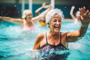 A group of elderly women having a fun and energetic water aerobics session in a pool, elderly happy people, old age, bokeh Generative AI - obrazy, fototapety, plakaty
