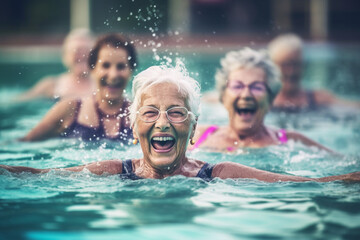 A group of elderly women having a fun and energetic water aerobics session in a pool, elderly happy...