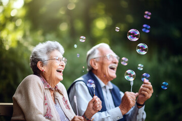 A joyful senior couple blowing bubbles and laughing in a sunny backyard, elderly happy people, old age, bokeh Generative AI