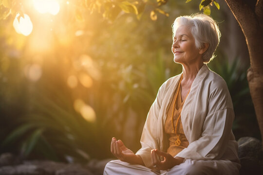 An elderly woman enjoying a peaceful meditation session in a tranquil garden, elderly happy people, old age, bokeh Generative AI