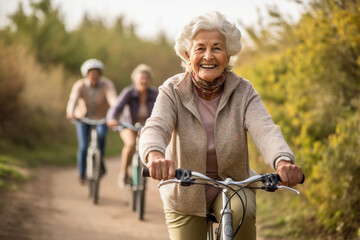 Fototapeta na wymiar A group of elderly friends taking a leisurely bike ride along a scenic countryside path, elderly happy people, old age, bokeh Generative AI