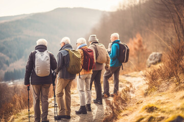 Fototapeta na wymiar A group of seniors embarking on a scenic nature hike, admiring the breathtaking views and sharing stories along the way, elderly happy people, old age, bokeh Generative AI