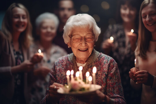 An elderly woman blowing out candles on her birthday cake surrounded by her family and friends, elderly happy people, old age, bokeh Generative AI