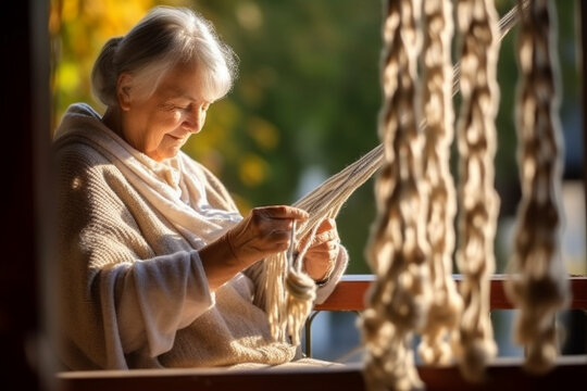 An elderly woman sitting on a porch swing, knitting a cozy scarf while enjoying the peacefulness of a sunny afternoon, elderly happy people, old age, bokeh Generative AI