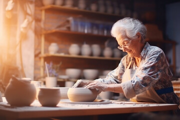 An elderly woman trying her hand at pottery, molding clay with a sense of joy and accomplishment, elderly happy people, old age, bokeh Generative AI