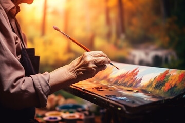 Fototapeta premium An elderly woman painting a beautiful landscape, her brush strokes reflecting her creativity and passion, elderly happy people, old age, bokeh Generative AI