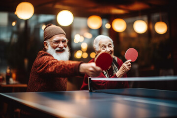 A senior man and woman engaging in a friendly game of table tennis, displaying their competitive spirit and enjoying the physical activity, elderly happy people, old age, bokeh Generative AI - obrazy, fototapety, plakaty