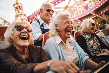 Foto op Plexiglas Amusementspark A group of seniors enjoying a day at the amusement park, riding roller coasters and indulging in sweet treats, elderly happy people, old age, bokeh Generative AI