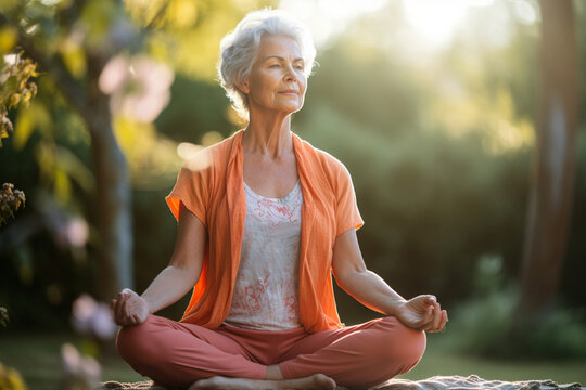 An older woman practicing yoga in a peaceful garden, finding balance and serenity in her movements, elderly happy people, old age, bokeh Generative AI