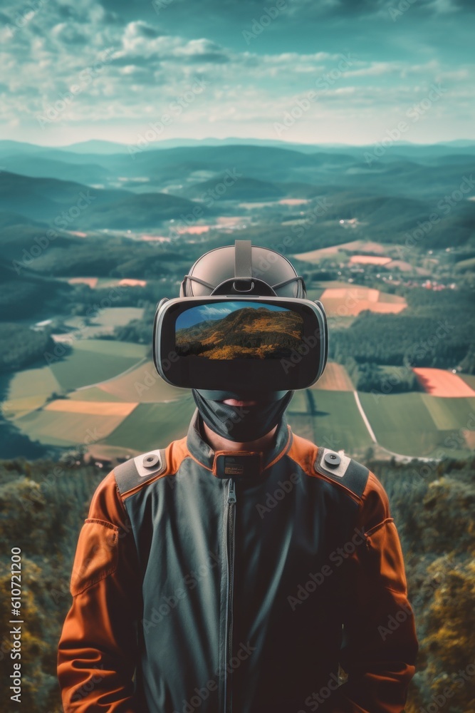 Poster a person wearing a helmet with a view of a valley in the background. generative ai image.