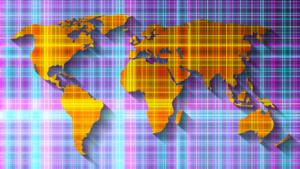 futuristic world map illustration image with bright neon lines