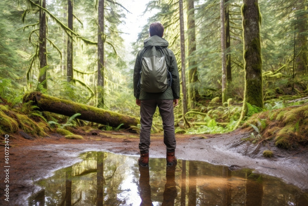 Poster a man standing in a forest looking at a puddle of water. generative ai image.