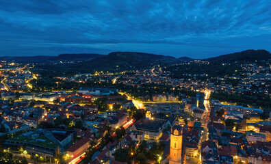 Cityscape over jena in the night from a tower at downtown