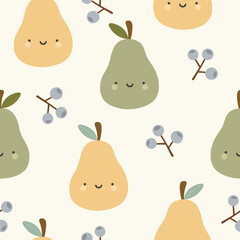 Cute pear fruit kawaii face seamless pattern, abstract repeated cartoon background, vector illustration