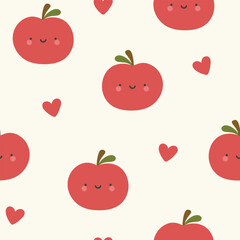 Cute tomato fruit kawaii face seamless pattern, abstract repeated cartoon background, vector illustration - 610721455
