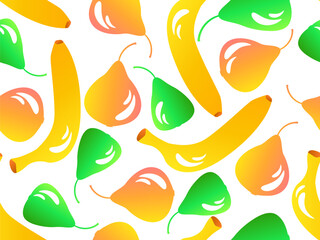 Obraz premium Seamless pattern with bananas and pears in 3d style. Summer fruit mix with pear and banana on white background. Design for printing on paper and fabric, banners and posters. Vector illustration