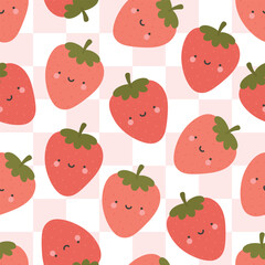 Cute strawberry fruit kawaii face seamless pattern, abstract repeated cartoon background, vector illustration - 610721626