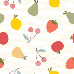 Cute watermelon, strawberry, lemon and pear fruit kawaii face seamless pattern, abstract repeated cartoon background, vector illustration - 610721681