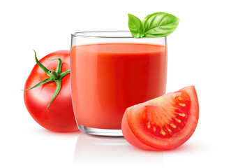Tomato juice in glass and cut tomatoes isolated on white background