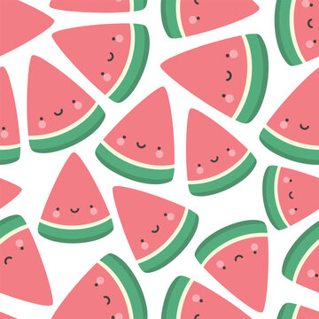 Cute watermelon fruit kawaii face seamless pattern, abstract repeated cartoon background, vector illustration