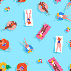 Diverse women floating on water seamless pattern. Girls in bikini relaxing on swim rings and mattresses. Happy female characters sunbathing, top view. Vector illustration
