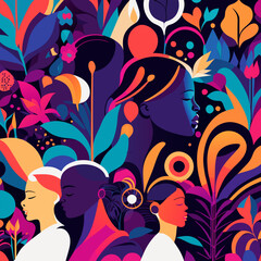 Illustration of a pattern of faces of beautiful girls and plants in dark colors