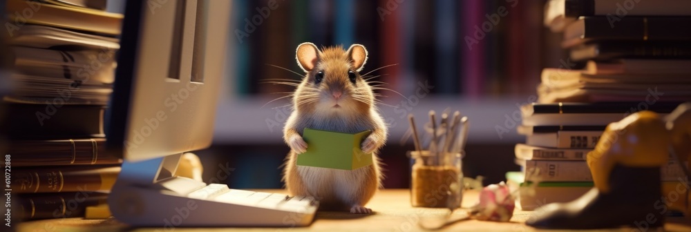 Poster a mouse sitting on top of a desk next to a computer monitor. generative ai image.