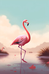 bird, pink flamingo, shoal on water, flamingo standing on 1 leg in water, grace, standing straight, pink bird, ai generative 