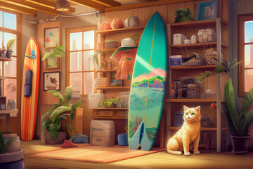 A fluffy cat dressed as a surfer with a colorful surfboard prop, capturing the beach vibes.