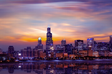 Fototapeta na wymiar Chicago, Illinois, downtown skyline from Lake Michigan at dusk. USA