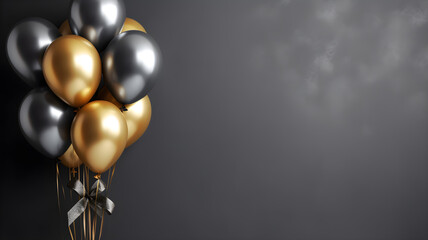 gold balloons bunch on a dark wall background Generative Ai
