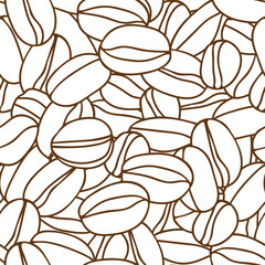 Brown hand drawn vector illustration of group of coffee beans. Seamless pattern