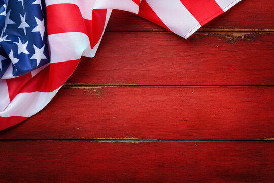 4th of July American Independence Day. American flag on red old rustic wooden background with copy space. Close Up for Memorial Day, Happy Martin Luther King jr day. Top view. Copy space. Mock up.
