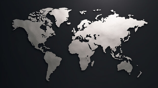 Fototapeta 3d flat world map Silver on black background Generative Ai